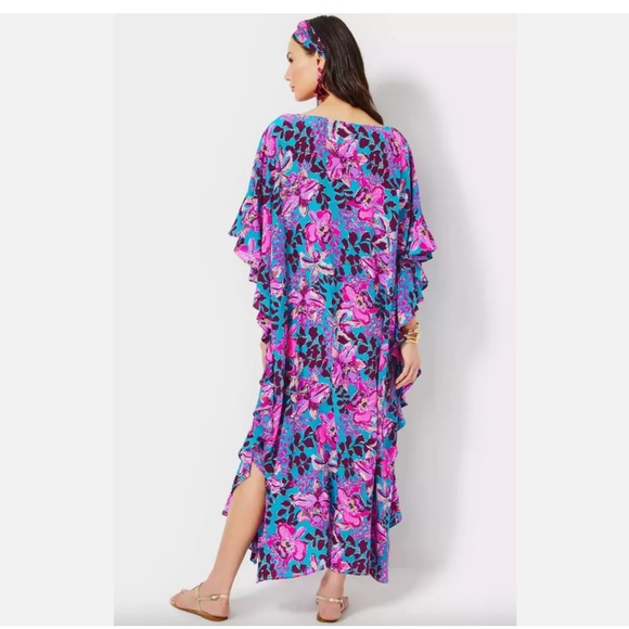 $498 NWT LILLY PULITZER MONNAE SILK MAXI CAFTAN DRESS BLUE ORCHID YOU NOT XS - Picture 4 of 8